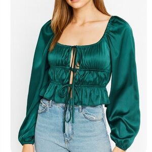 Mixed Threads blouse top Long Sleeve Textured Satin Emarald green puff sleeve SM